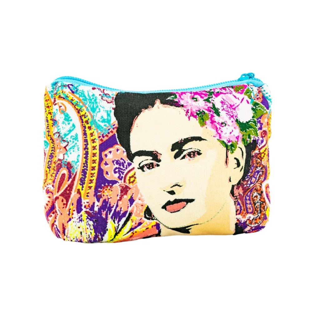 LUMiLY - Frida Kahlo Colorful Pink Floral Paisley Printed Blue Zipper Coin Purse